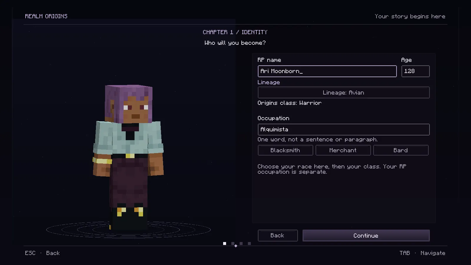 Realm Origins character-creation chapter with identity fields and a 3D portrait