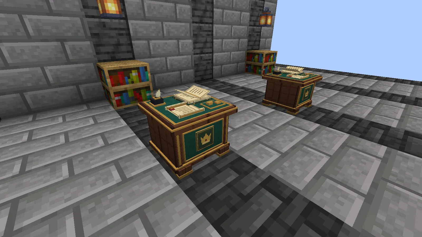 Realm Treasury’s wooden loan counter with a ledger, quill, and royal seal